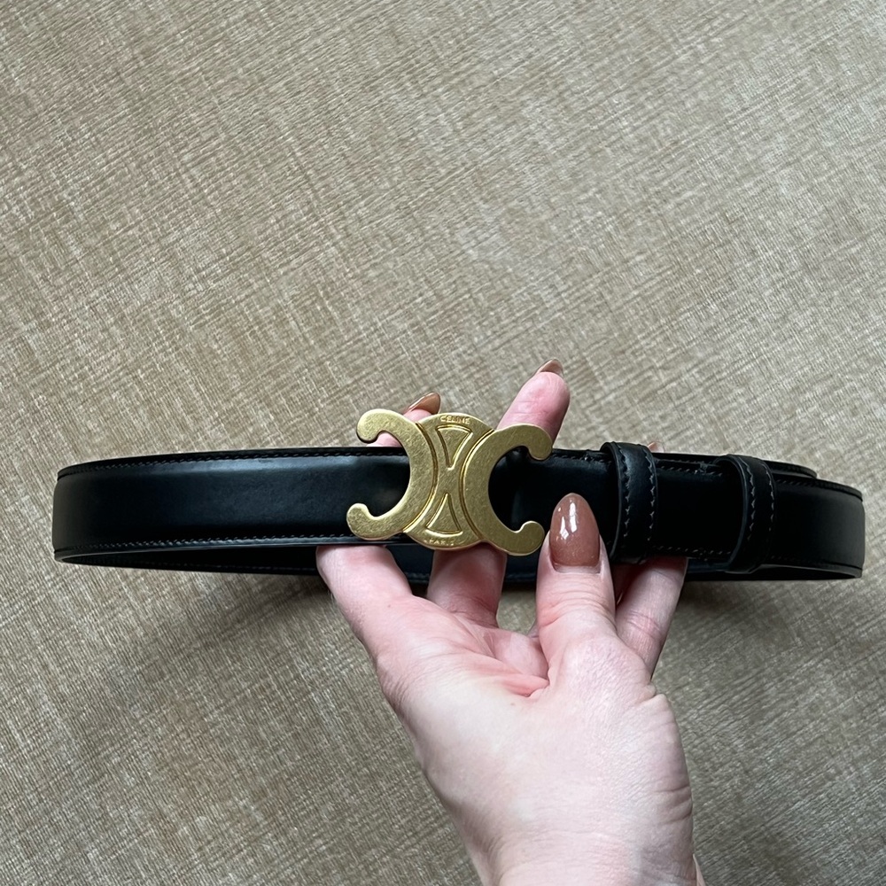 Celine Medium Triomphe Black Leather Belt with Gold Buckle